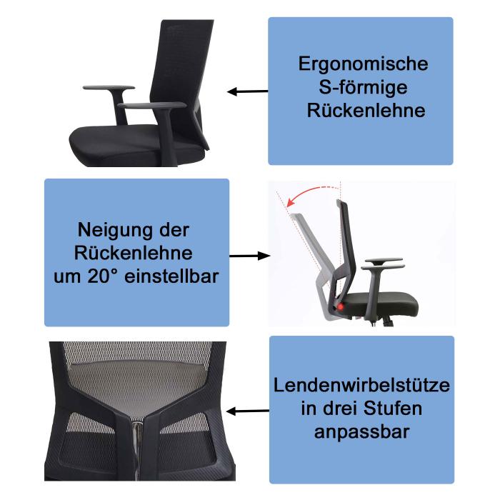 Brostuhl HWC-J90, Schreibtischstuhl, ergonomische S-frmige Rckenlehne, verstellbare Taillensttze ~ grau