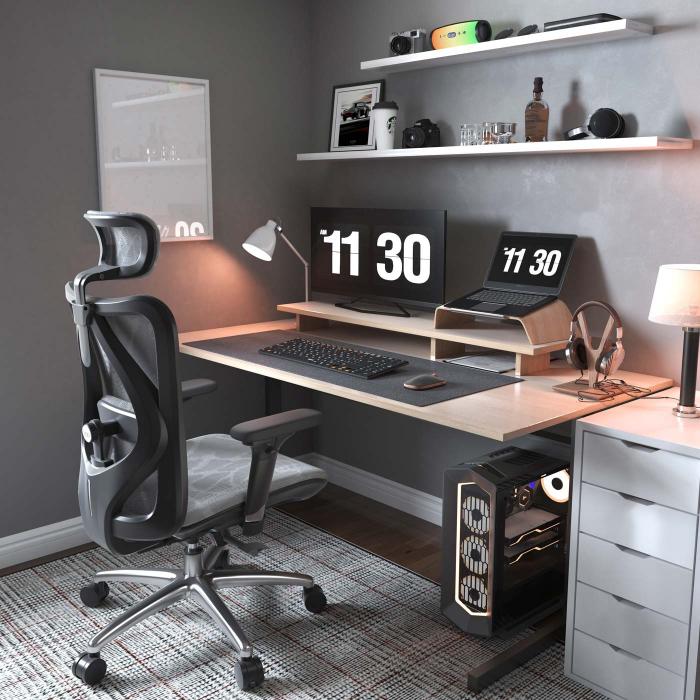 SIHOO Brostuhl Schreibtischstuhl, ergonomisch, verstellbare Armlehne, 150kg belastbar ~ Bezug grau, Gestell schwarz