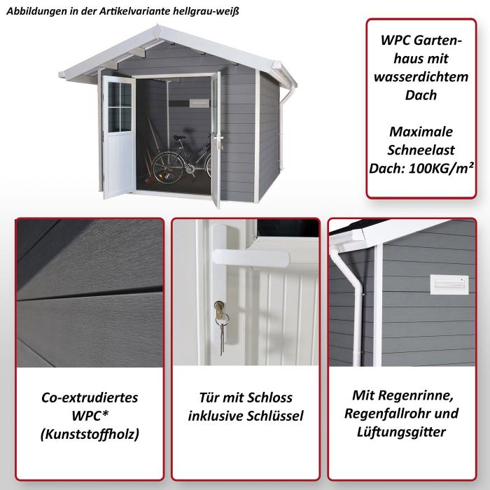 WPC Gartenhaus mit Satteldach HWC-J94, Gerätehaus Geräteschuppen, 253x360x366cm ~ hellgrau-weiß