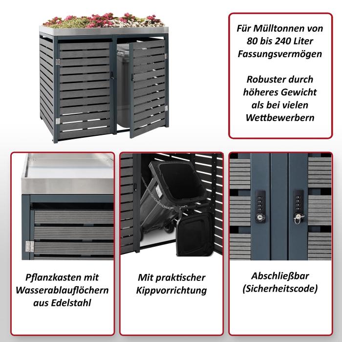 2er Mlltonnenverkleidung HWC-K14, Mlltonnenbox mit Pflanzkasten, 124x134x84cm WPC Edelstahl 79kg ~ anthrazit