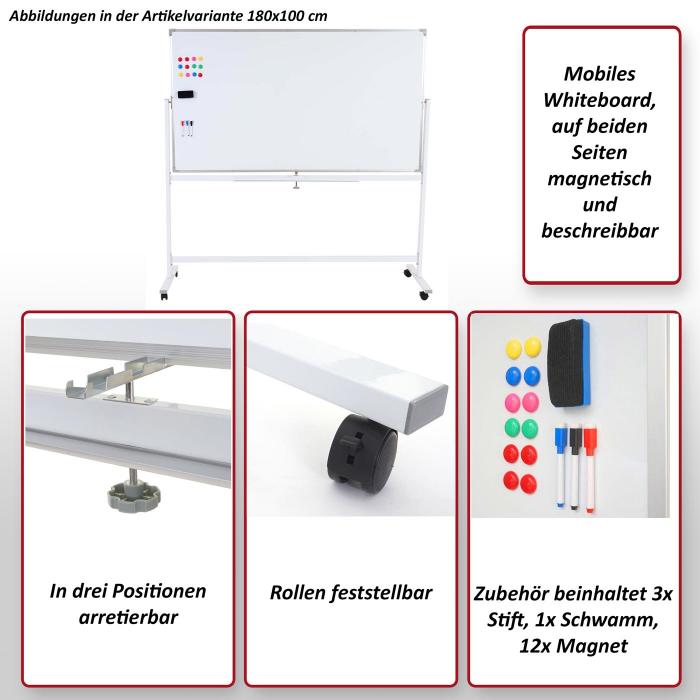 Whiteboard HWC-C85, Magnettafel Memoboard Pinnwand, mobil rollbar inkl. Zubehr ~ 180x100cm