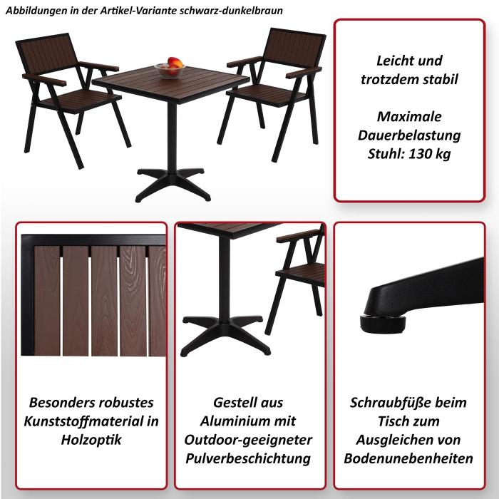 2er-Set Gartenstuhl+Gartentisch HWC-J95, Stuhl Tisch, Gastro Outdoor-Beschichtung, Alu Holzoptik ~ schwarz, dunkelbraun