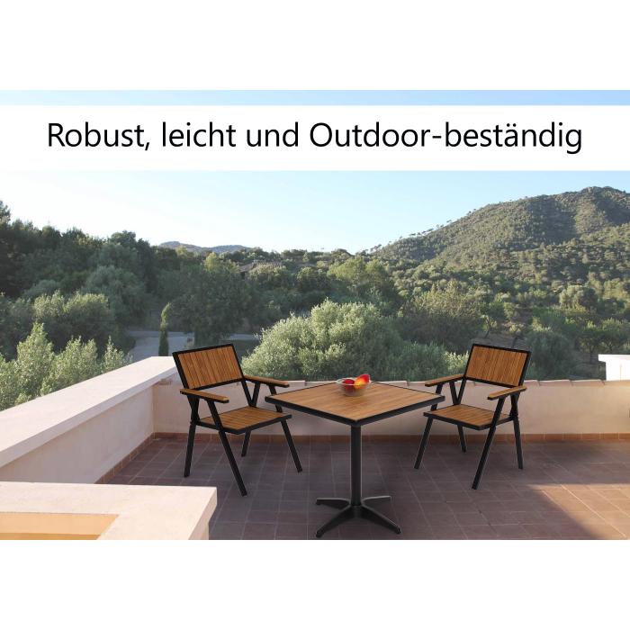 2er-Set Gartenstuhl HWC-J95, Balkonstuhl Stuhl, Outdoor-Beschichtung, Aluminium Holzoptik ~ Gestell schwarz, teak