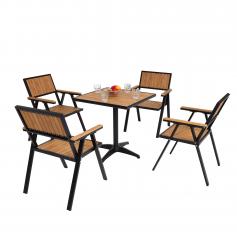 4er-Set Gartenstuhl+Gartentisch HWC-J95, Stuhl Tisch, Gastro Outdoor-Beschichtung, Alu Polywood ~ schwarz, teak