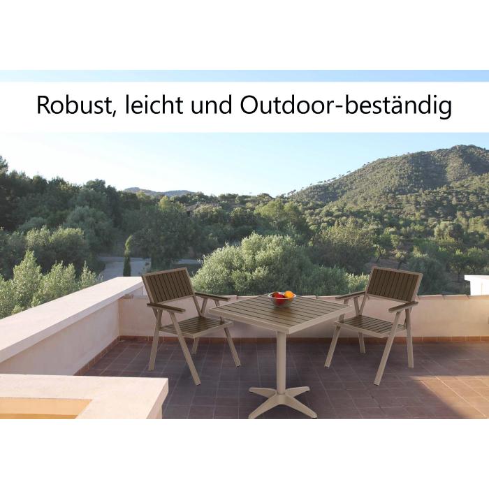 2er-Set Gartenstuhl+Gartentisch HWC-J95, Stuhl Tisch, Gastro Outdoor-Beschichtung, Alu Holzoptik ~ champagner, grau