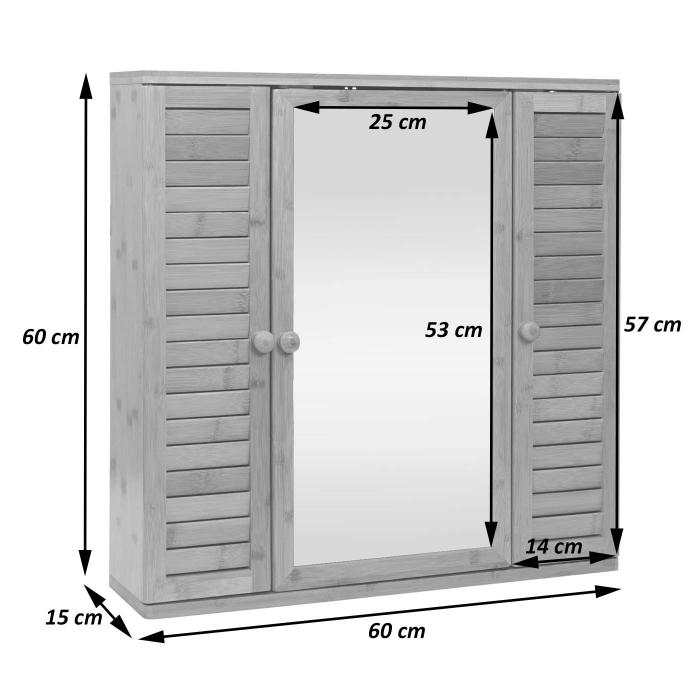 Spiegelschrank HWC-B18, Badspiegelschrank Hängeschrank, 3 Regalböden 3 Türen  Bambus Spiegel 60x60x15cm von Heute-Wohnen