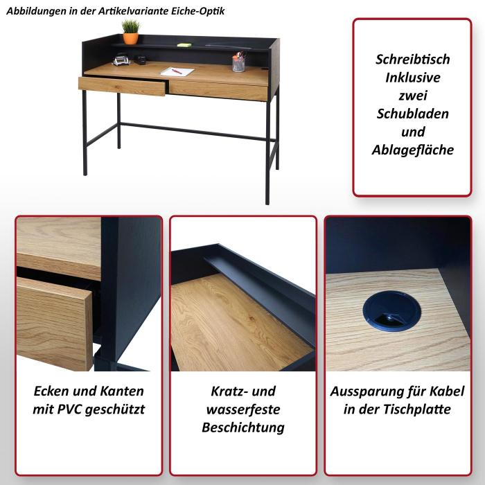 Schreibtisch HWC-J79, Brotisch Computertisch Arbeitstisch, Schublade 120x50cm Holz Metall ~ Eiche-Optik