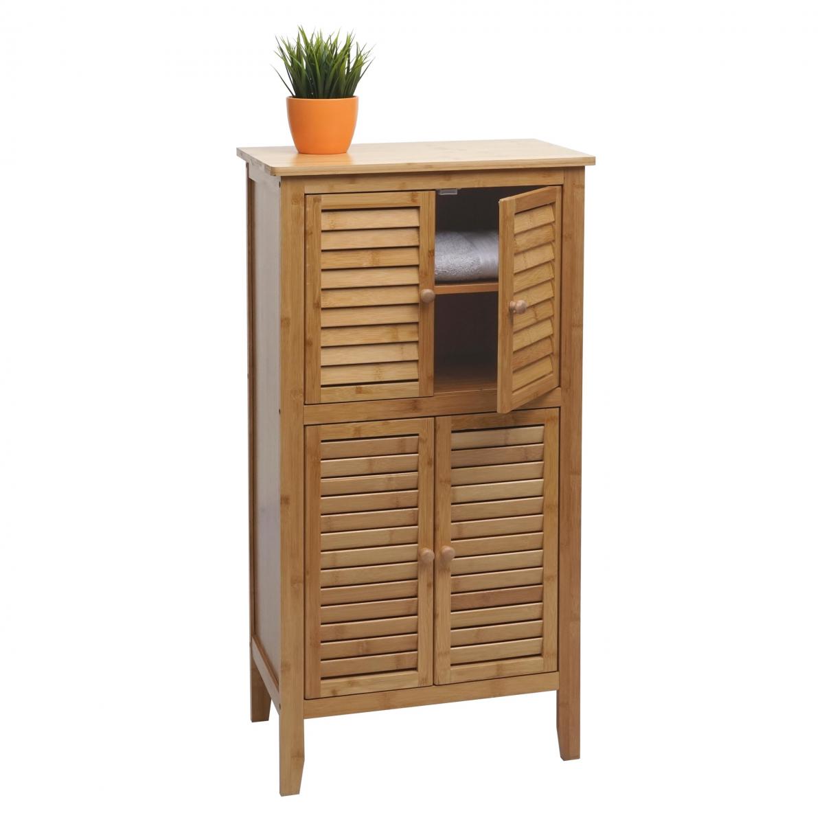 B-Ware (Teil 2 gerissen SK3) | Badezimmerschrank HWC-B18, Regal Kommode, 4 Tren Bambus 100x50x30cm