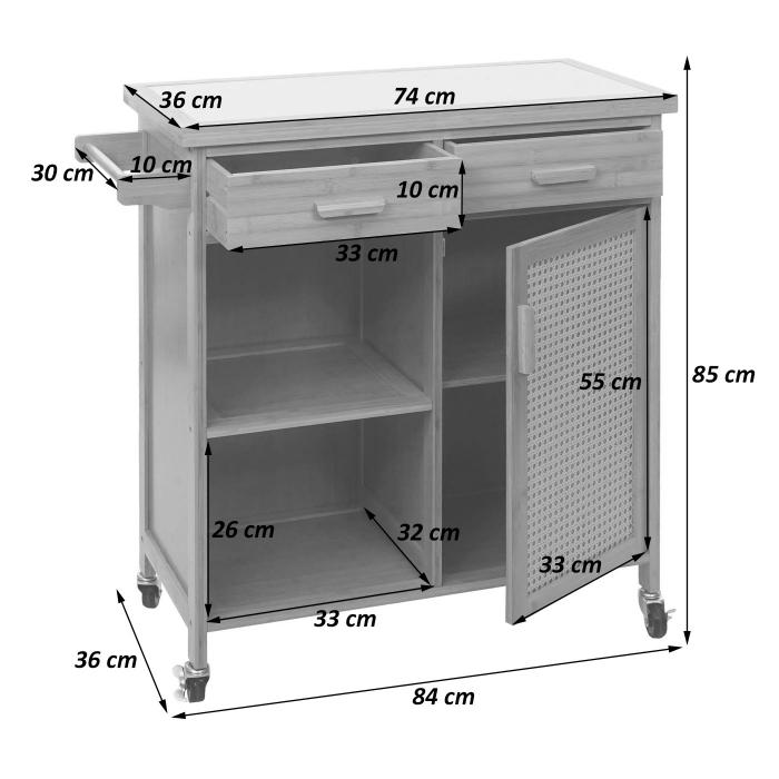 Servierwagen HWC-K11, Kchenwagen Barwagen Rollwagen, Griff Schublade Arbeitsplatte 85x84x36cm Bambus, braun