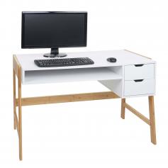 Schreibtisch HWC-K12, Bürotisch Computertisch Arbeitstisch, Schublade, Bambus 76x155x58cm ~ weiß