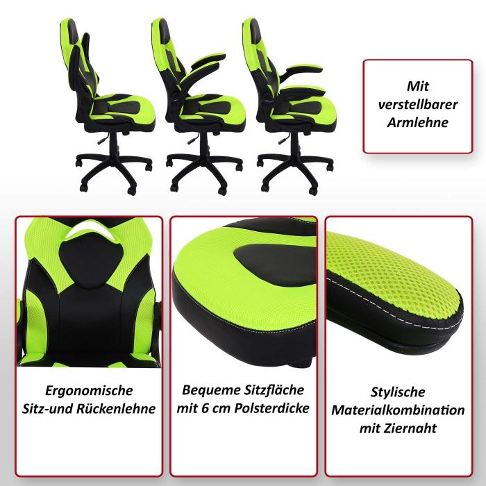 Bürostuhl HWC-K13, Drehstuhl Gamingstuhl, ergonomisch, verstellbare  Armlehne, Kunstleder ~ schwarz-grün von Heute-Wohnen | Gaming-Stühle