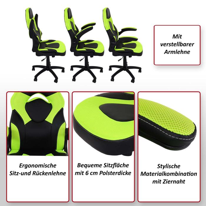 Bürostuhl HWC-K13, Drehstuhl Gamingstuhl, ergonomisch, verstellbare  Armlehne, Kunstleder ~ schwarz-grün von Heute-Wohnen