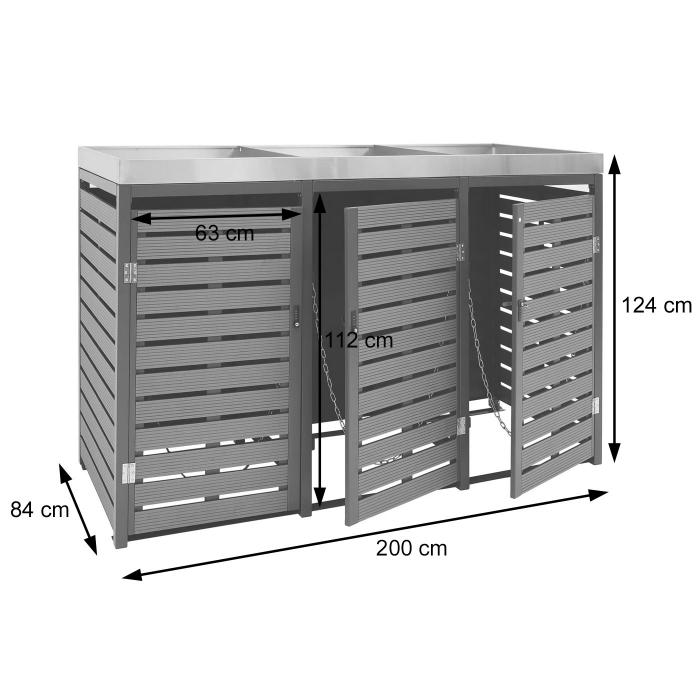 3er Mlltonnenverkleidung HWC-K14, Mlltonnenbox mit Pflanzkasten, 124x200x84cm WPC Edelstahl 107kg ~ Walnuss-Holzoptik