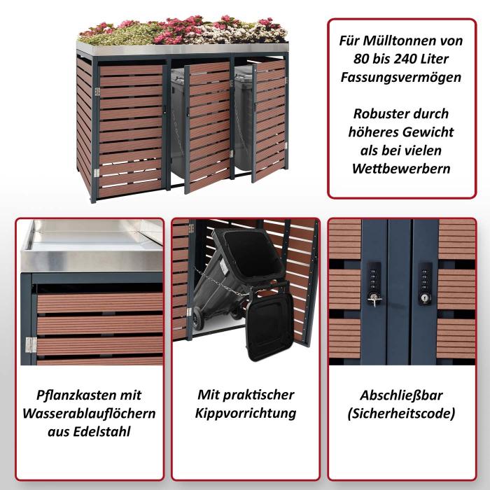 3er Mlltonnenverkleidung HWC-K14, Mlltonnenbox mit Pflanzkasten, 124x200x84cm WPC Edelstahl 107kg ~ Walnuss-Holzoptik