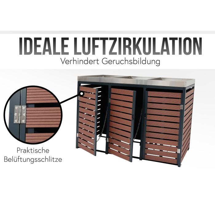 3er Mlltonnenverkleidung HWC-K14, Mlltonnenbox mit Pflanzkasten, 124x200x84cm WPC Edelstahl 107kg ~ Teak-Optik