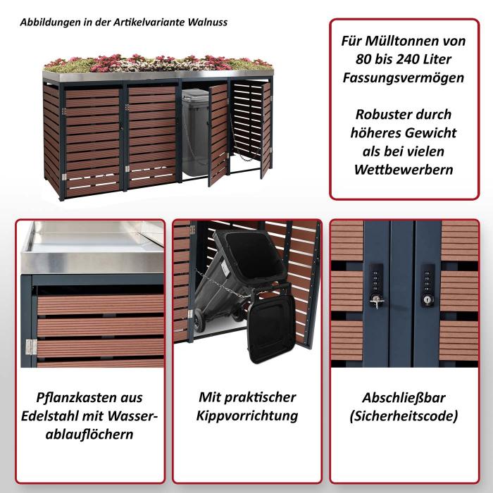 4er Mlltonnenverkleidung HWC-K14, Mlltonnenbox mit Pflanzkasten, 124x265x84cm WPC Edelstahl 132kg ~ Walnuss-Holzoptik