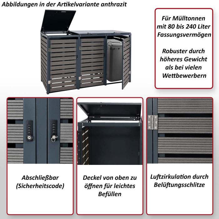 3er Mlltonnenverkleidung HWC-K14, Mlltonnenbox Mlltonnenabdeckung, 119x205x84cm WPC Metall 109kg ~ Teak-Optik