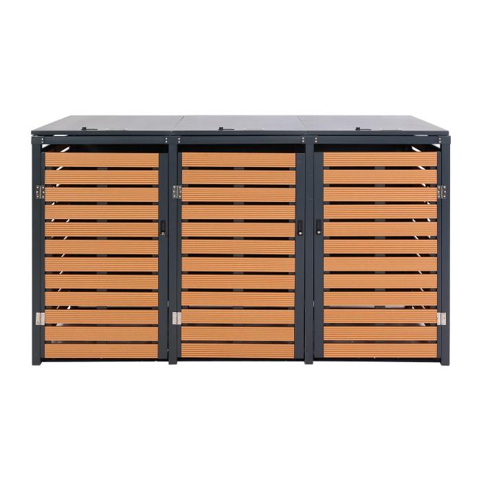 3er Mlltonnenverkleidung HWC-K14, Mlltonnenbox Mlltonnenabdeckung, 119x205x84cm WPC Metall 109kg ~ Teak-Optik