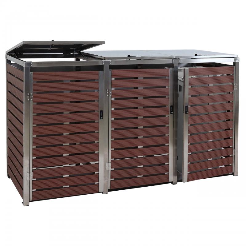 3er Mlltonnenverkleidung HWC-K14, Mlltonnenbox, 120x200x85cm WPC Edelstahl 104kg ~ Walnuss-Holzoptik