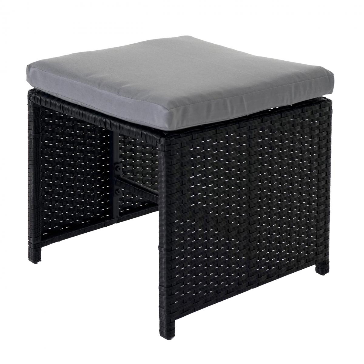 Poly-Rattan Hocker HWC-K35, Gartenhocker, Sitzhocker ~ schwarz, Kissen hellgrau