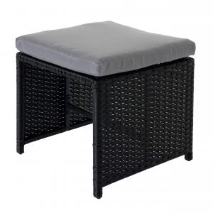 Poly-Rattan Hocker HWC-K35, Gartenhocker, Sitzhocker ~ schwarz, Kissen hellgrau