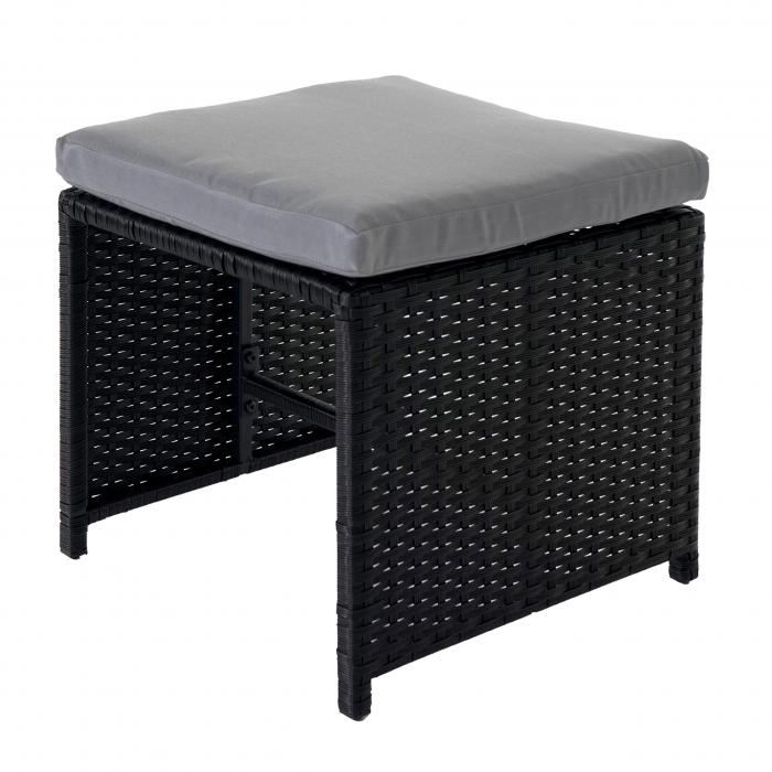 Poly-Rattan Hocker HWC-K35, Gartenhocker, Sitzhocker ~ schwarz, Kissen hellgrau