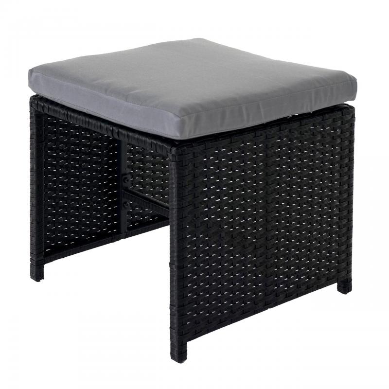 Poly-Rattan Hocker HWC-K35, Gartenhocker, Sitzhocker ~ schwarz, Kissen hellgrau