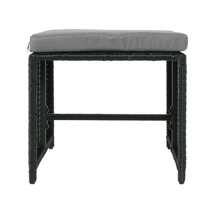 Poly-Rattan Hocker HWC-K35, Gartenhocker, Sitzhocker ~ schwarz, Kissen hellgrau