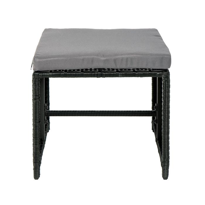 Poly-Rattan Hocker HWC-K35, Gartenhocker, Sitzhocker ~ schwarz, Kissen hellgrau