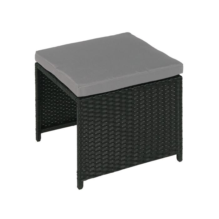 Poly-Rattan Hocker HWC-K35, Gartenhocker, Sitzhocker ~ schwarz, Kissen hellgrau