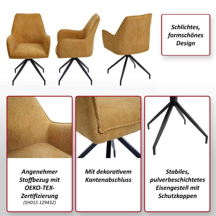 B-Ware (Scheuerspuren am Stoff SK2) | Esszimmerstuhl HWC-K15, Kchenstuhl Stuhl mit Armlehne Stoff/Textil Metall ~ gelb