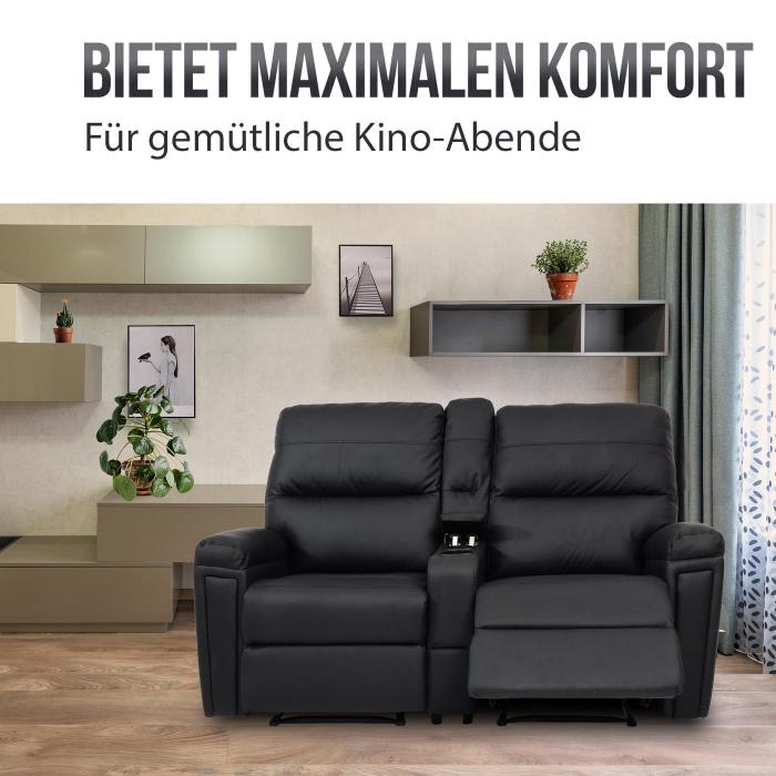 2er Kinosessel HWC-K17, Relaxsessel Fernsehsessel Sofa, Nosagfederung Getrnkehalter Fach ~ Kunstleder schwarz