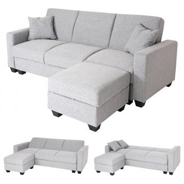 Retourenware | Sofa HWC-H47 mit Ottomane, Couch Sofa, Schlaffunktion Stauraum 217x145cm ~ Stoff/Textil hellgrau