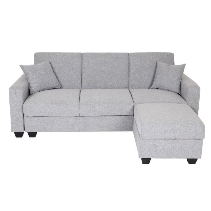 Sofa HWC-H47 mit Ottomane, Couch Sofa Gstebett, Schlaffunktion Stauraum 217x145cm ~ Stoff/Textil hellgrau