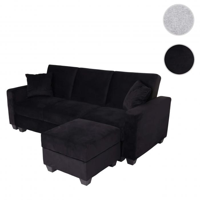 Sofa HWC-H47 mit Ottomane, Couch Sofa Gstebett, Schlaffunktion Stauraum 217x145cm ~ Samt schwarz