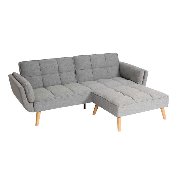 Retourenware | Schlafsofa HWC-K18 mit Ottomane, Couch Sofa Gstebett, Schlaffunktion 218x175cm ~ Stoff/Textil hellgrau