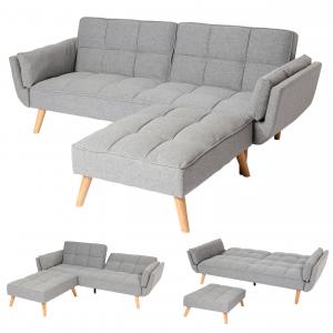 Retourenware | Schlafsofa HWC-K18 mit Ottomane, Couch Sofa Gstebett, Schlaffunktion 218x175cm ~ Stoff/Textil hellgrau