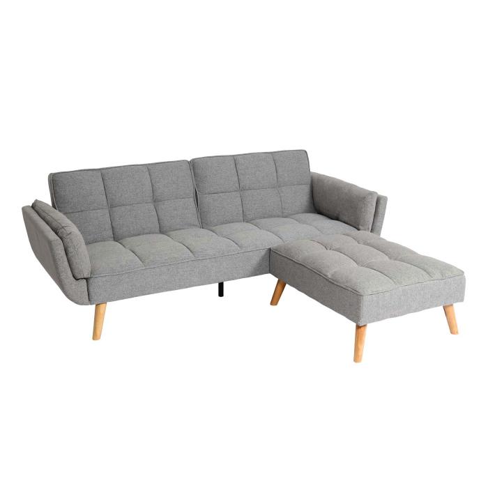 Retourenware | Schlafsofa HWC-K18 mit Ottomane, Couch Sofa Gstebett, Schlaffunktion 218x175cm ~ Stoff/Textil hellgrau