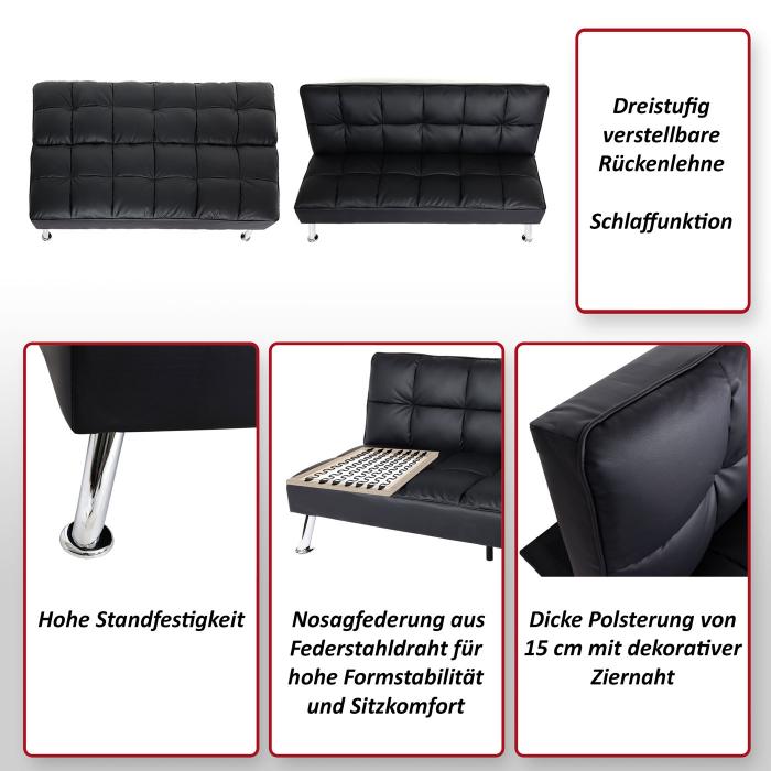 Sofa HWC-K21, Klappsofa Couch Schlafsofa, Nosagfederung Schlaffunktion Liegeflche 181x107cm ~ Kunstleder, schwarz
