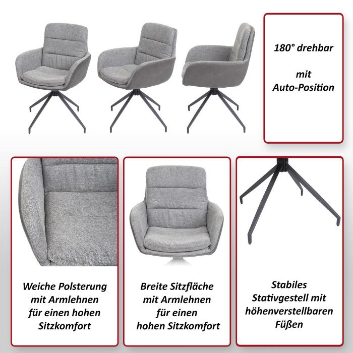 6er-Set Esszimmerstuhl HWC-K32, Kchenstuhl Lehnstuhl Stuhl, drehbar Auto-Position, Stoff/Textil ~ grau-dunkelgrau