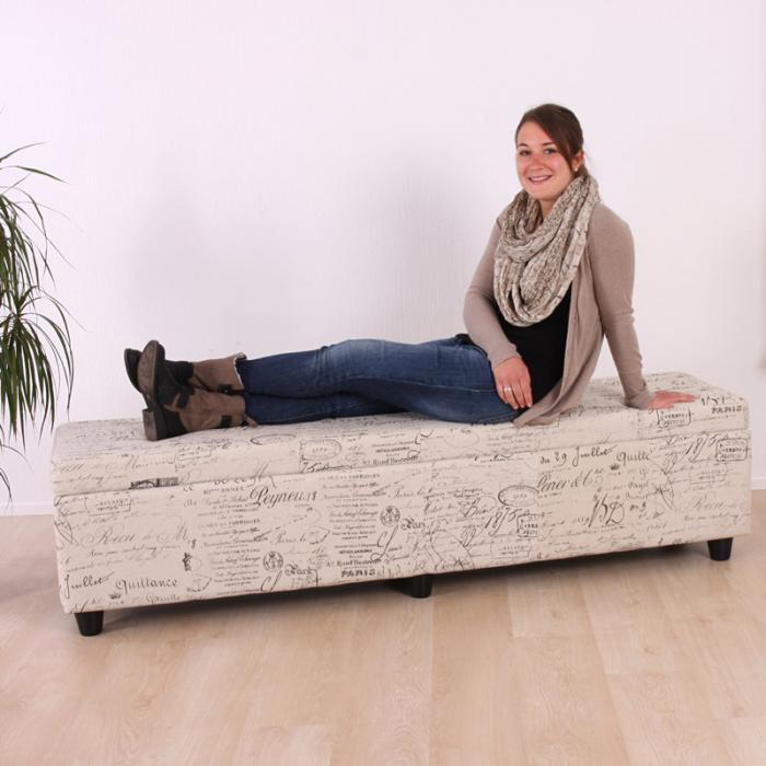 Aufbewahrungs-Truhe Kriens XXL, Sitzbank Bank, Stoff/Textil, 45x180x45cm ~ Schriftzug, creme