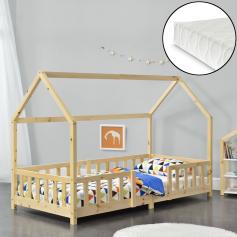 Kinderbett HLO-PX182 90x200 cm mit Kaltschaummatratze ~ Natur Kiefernholz