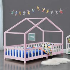 Kinderbett HLO-PX189 90x200 cm mit Lattenrost + Gitter Holz ~ Rosa / Weiß