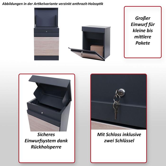 Paketkasten HWC-K41, Paketbox Paketfach Paketstation Briefkasten, Metall ~ verzinkt anthrazit-Holzoptik