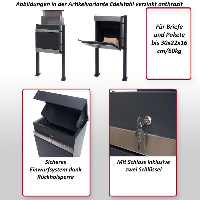 Paketkasten mit Standfu HWC-K41, Paketbox Paketstation Standbriefkasten, Metall ~ Edelstahl verzinkt anthrazit