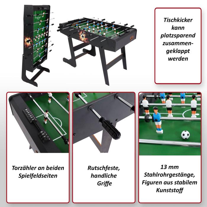 Tischkicker London, Kicker Kickertisch Tischfussball, klappbar 84x121x105 ~ schwarz Fuballmotiv