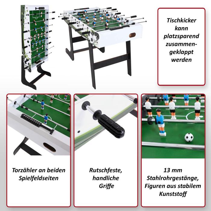 Tischkicker London, Kicker Kickertisch Tischfussball, klappbar 84x121x105 ~ wei/grn Fuballmotiv