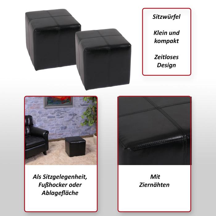 2er-Set Sitzwrfel Hocker Sitzhocker Onex, Leder + Kunstleder, 36x36x36cm MVG-zertifiziert ~ schwarz
