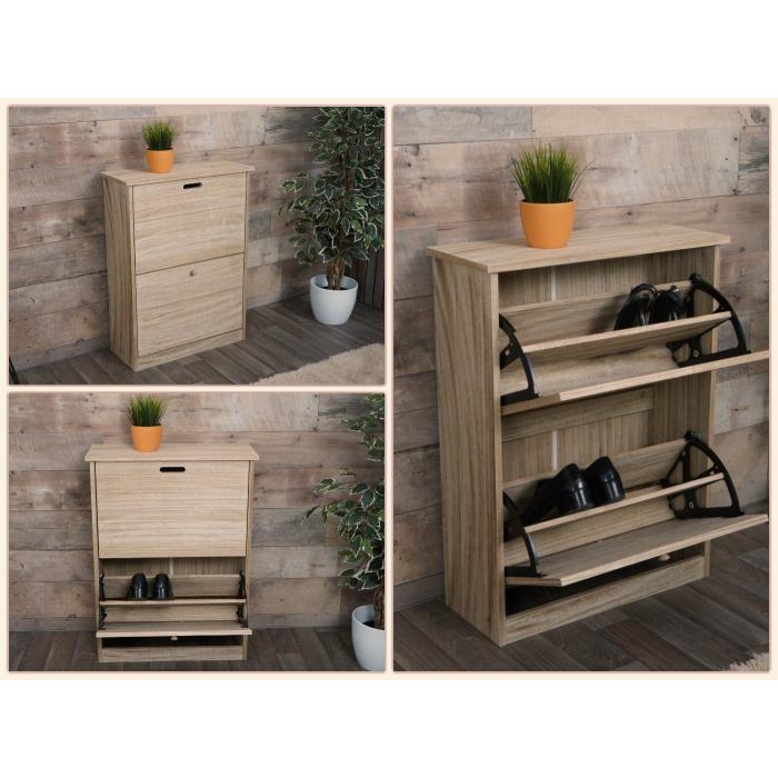 Schuhkipper HWC-K45, Schuhschrank Schuhregal, 81x60x25cm 2 Klappen, MDF aus Paulownia MVG-zertifiziert ~ naturbraun