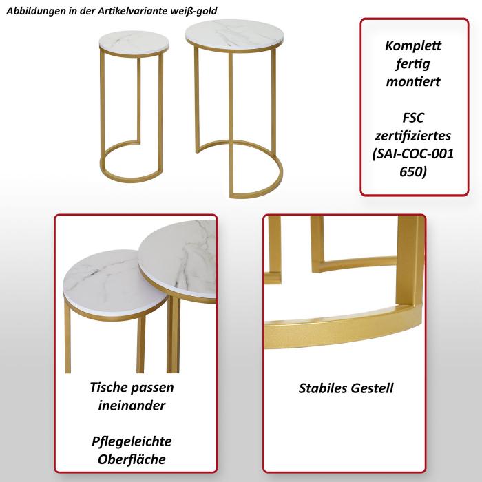 2er-Set Beistelltisch HWC-K46, Kaffeetisch Nachttisch Loungetisch, Marmor-Optik MVG-zertifiziert MDF ~ wei-gold